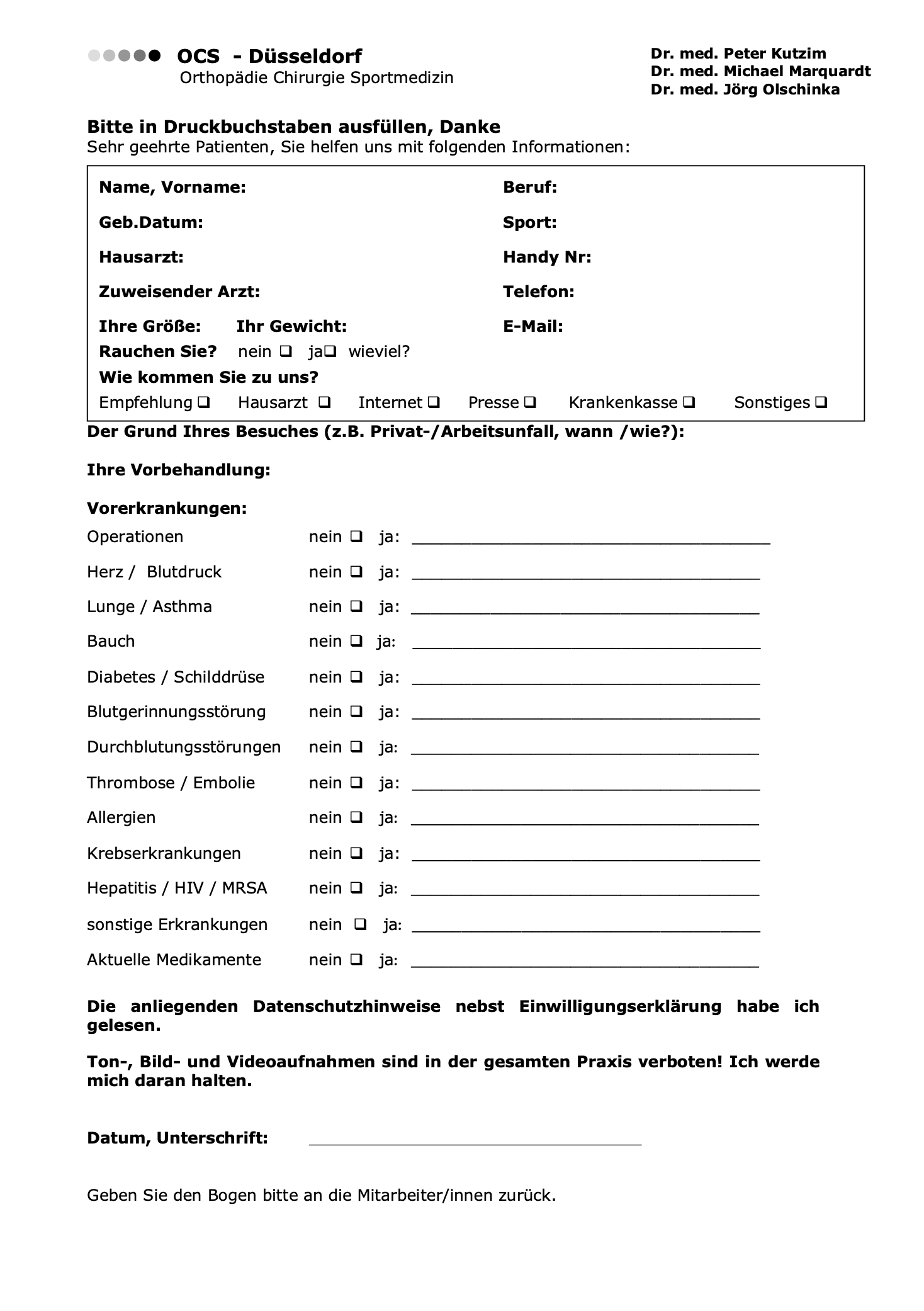 OCS Düsseldorf – gescannter medizinischer Formular zur Patientenaufnahme